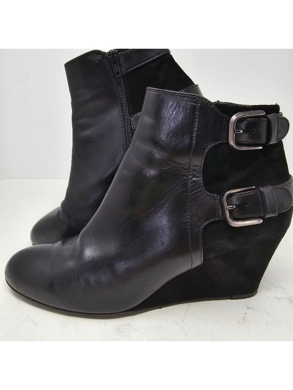 Womens AGL Black Leather Suede Wedge Short Ankle Boots, Women's 40 (8.5)